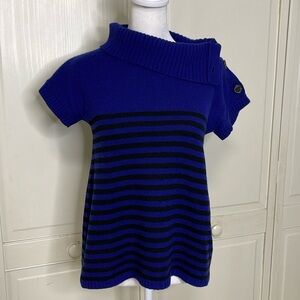 Theory Womens Christobal Cashmere Striped Blue Mock Neck Ribbed Trim Sweater Top